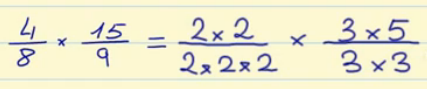 Exemplo de multiplicação de frações por seus fatores primos.