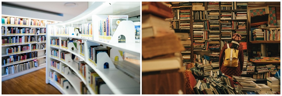 Imagem de uma livraria bem organizada ao lado de uma livraria mal organizada.