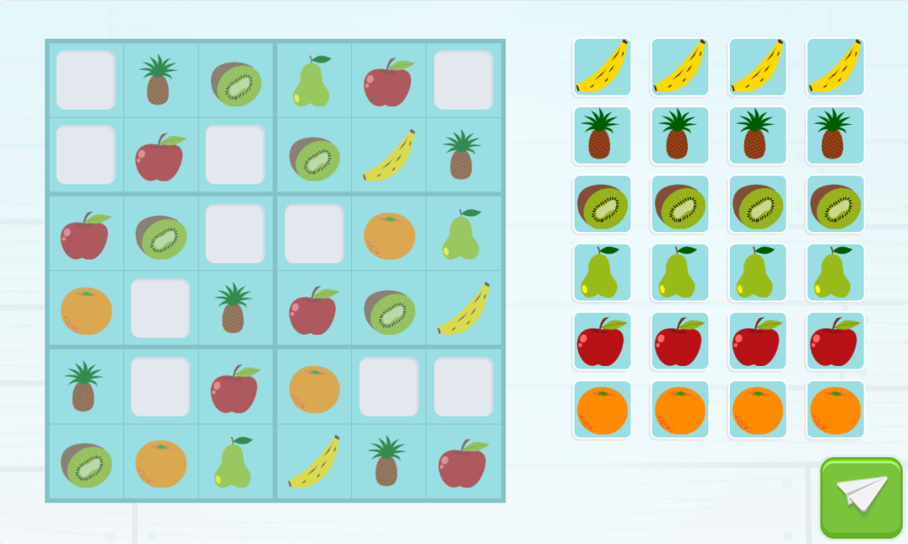 Exemplo de Sudokus em uma grade de 6 por 6 a ser preenchida por 6 tipos de frutas.